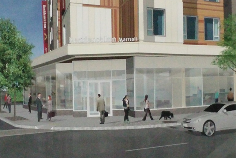 A close up rendering of the corner of the hotel proposed by Boylston Properties. The picture shows the corner of Arsenal and Elm Streets.