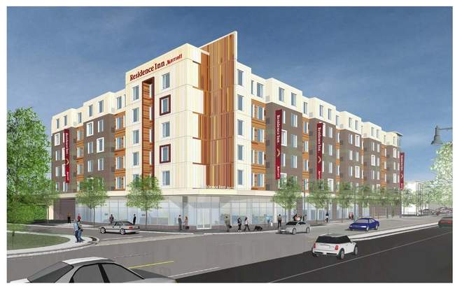 A rendering of the new Residence Inn by Marriott hotel proposed for Arsenal Street in Watertown by developer Boylston Properties.