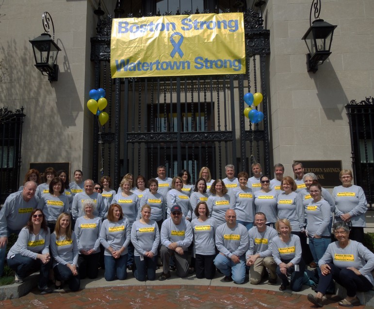 Employees at Watertown Savings Bank displayed their spirt on Marathon Monday, wearing shirts saying "Boston Strong, Watertown Proud."