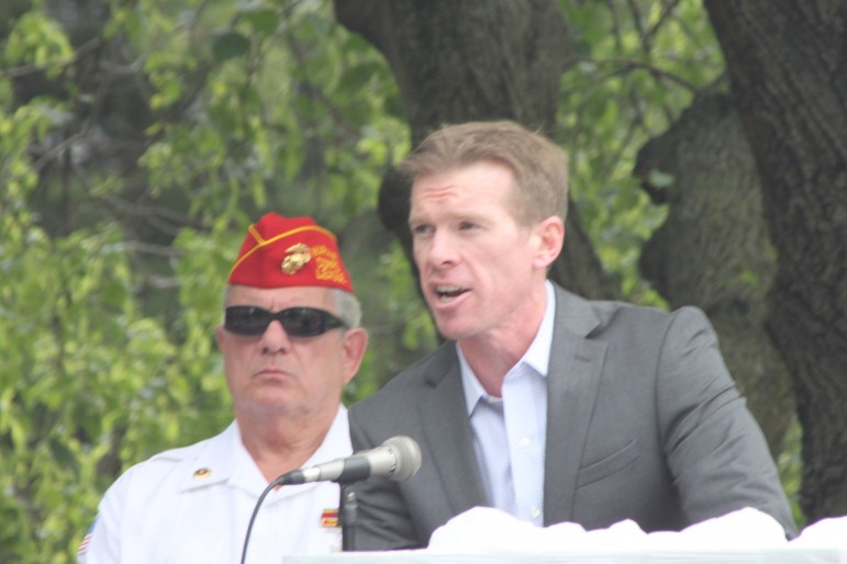 Watertown resident and retired Marine Timothy Harrington spoke at the Memorial Day Ceremony at Saltonstall Park.