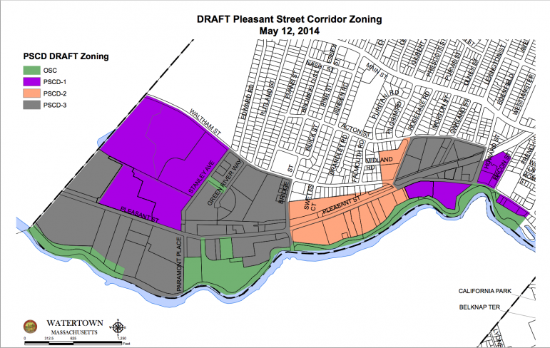 Proposed zoning changes to the Pleasant Street Corridor. Purple continues original zoning, including residential. Orange area requires at least 25 percent of gross floor area to be commercial. Grey area allows only retail, commercial and light industrial uses.