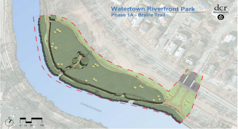 A map of the area where improvements will be made in Phase I of the Watertown Riverfront Park Project.