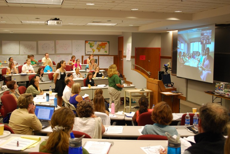 Educators in a Primary Source program about India speak over Skype with educators in India.