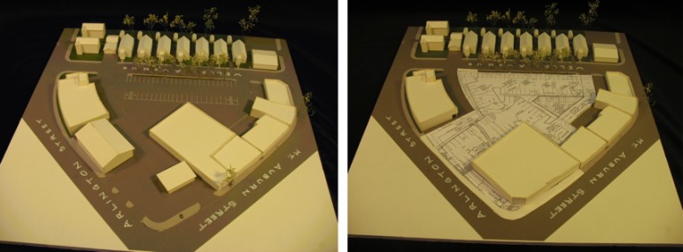 Models showing the changes that would be made for the new CVS made by resident David Peckar. Present conditions are shown on the left, and the proposed CVS and parking lot changes shown on the right.