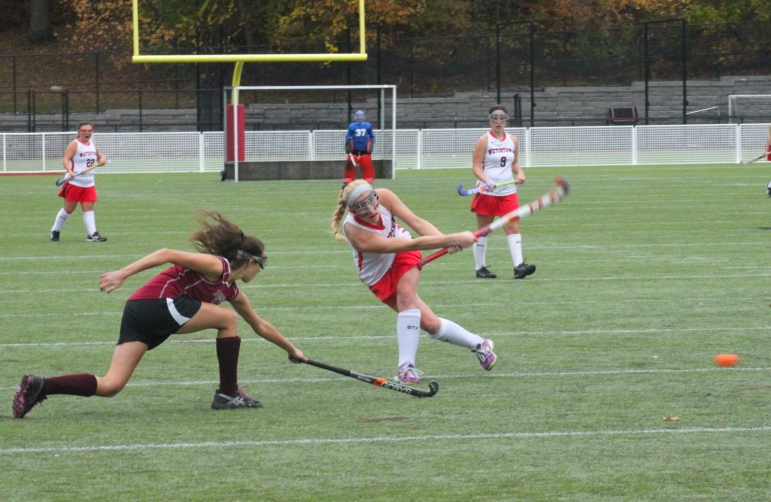 Watertown senior Rachel Campbell fires a shot. She had one goal in the Raiders' 4-0 win over Newburyport in the state tournament game.