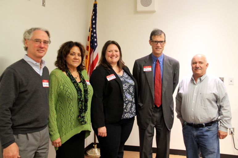 Watertown Social Services Resource Specialist Danielle DeMoss, center, was joined by (from left) State Rep. Jonathan Hecht, Wayside Senior Program Director Laura Kurman, State Sen. Will Brownsberger and Watertown Town Council President Mark Sideris.