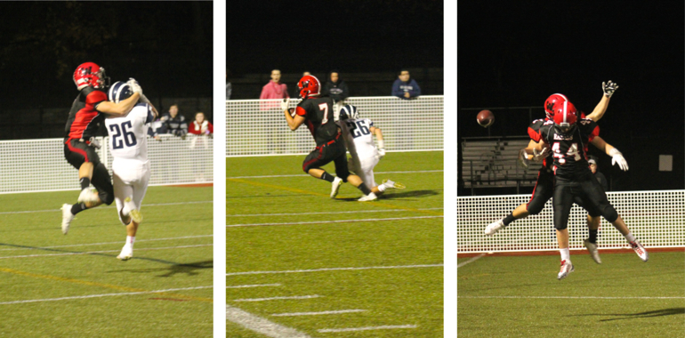 Watertown's Austin Farry grabbs a pass from Nick Giordano for a touchdown, then celebrates with Tyler Poulin.