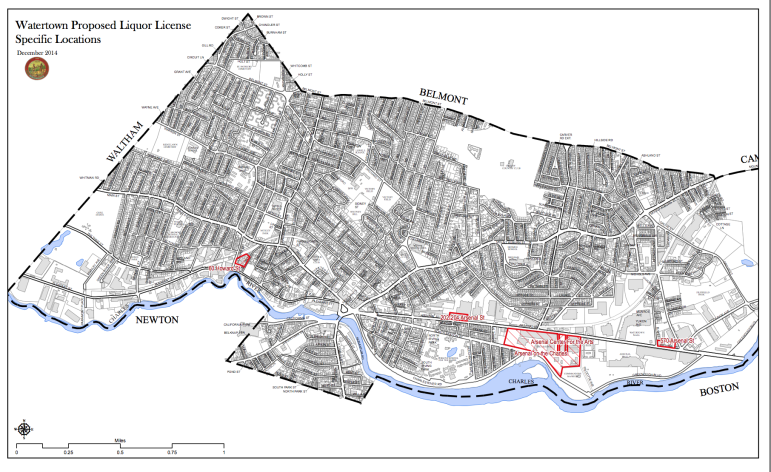 The areas where liquor licenses have been earmarked, if approved by the Town and the State Legislature.