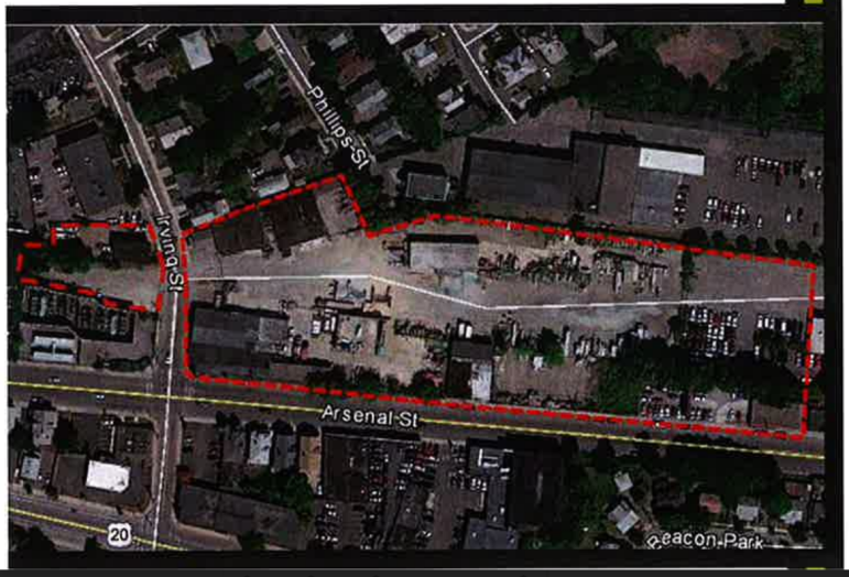 An aerial view of the property proposed to be redeveloped by Greystar at the corner of Arsenal and Irving streets.