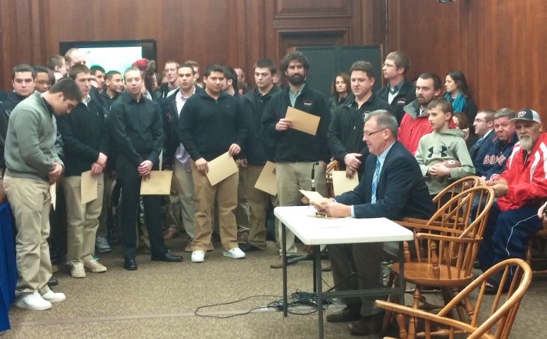 The School Committee honored the Watertown Football Team for winning the MIddlesex League Freedom Division.