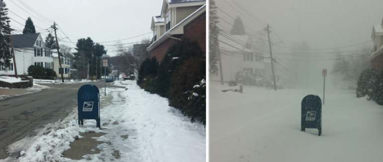 A before and after shot of the snow on Spring Street near Watertown Square.