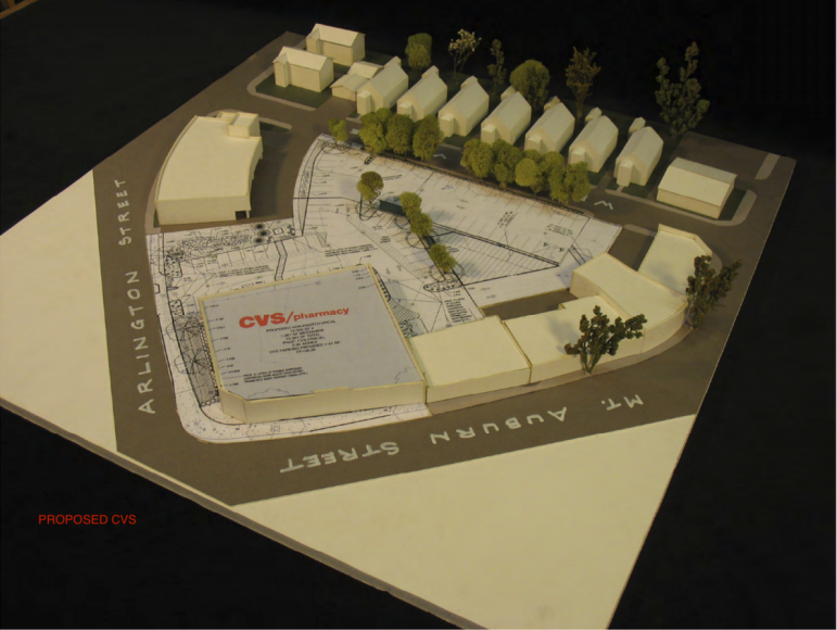 A model showing the proposed CVS at the corner of Arlington and Mt. Auburn streets.