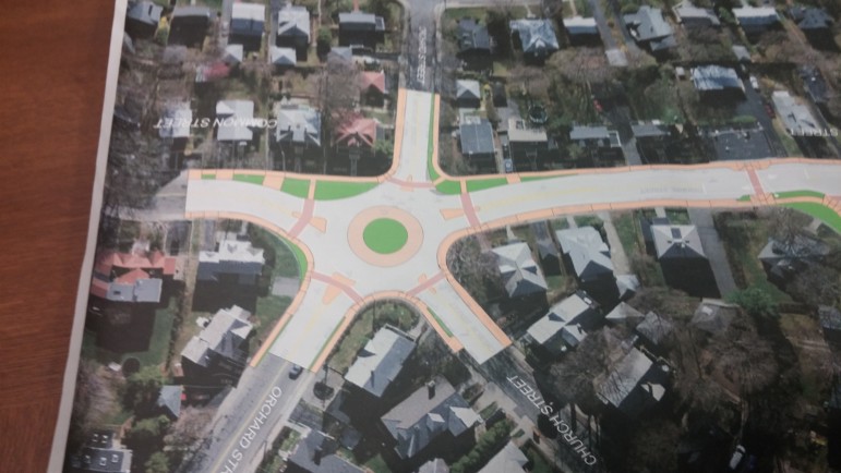 A draft plan for a rotary at the intersection of Common Street with Orchard and Church streets.