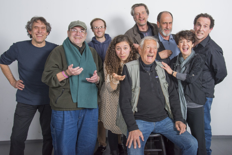 The cast of New Rep's King of Second Avenue: (L-R) composer Hankus Netsky, Remo Airaldi, Alex Pollock, Abby Goldfarb, Ken Cheeseman, playwright Robert Brustein, Will LeBow, Kathy St. George, and Jeremiah Kissel.