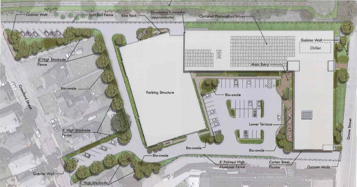 An overhead view of the proposed project at 65 Grove Street. Residents of Crawford Street (left side) worry traffic will overwhelm their street and argue for cars to exit onto Grove Street (right of picture).