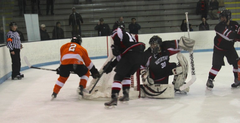 Watertown senior goalie Anthony Busconi made 31 saves in the Raiders win over Wayland.