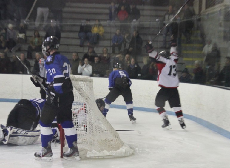 Junior Tyler Poulin celebrates after putting Watertown up 2-1 over Bedford in the North Section final.