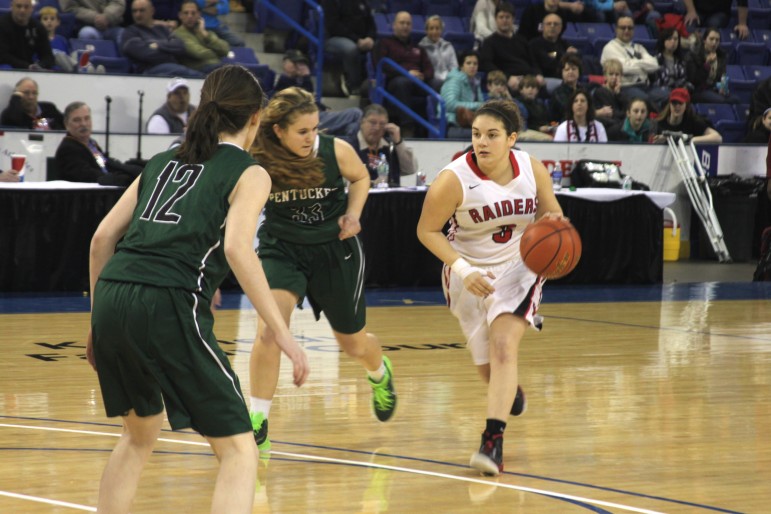 Watertown junior Michaela Antonellis drives past a Pentucket defender in the North Section final at the Tsongas Center.