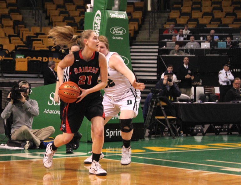 Watertown sophomore Shannon Murphy fights for a shot in the state semifinal Tuesday against Duxbury at the TD Garden.