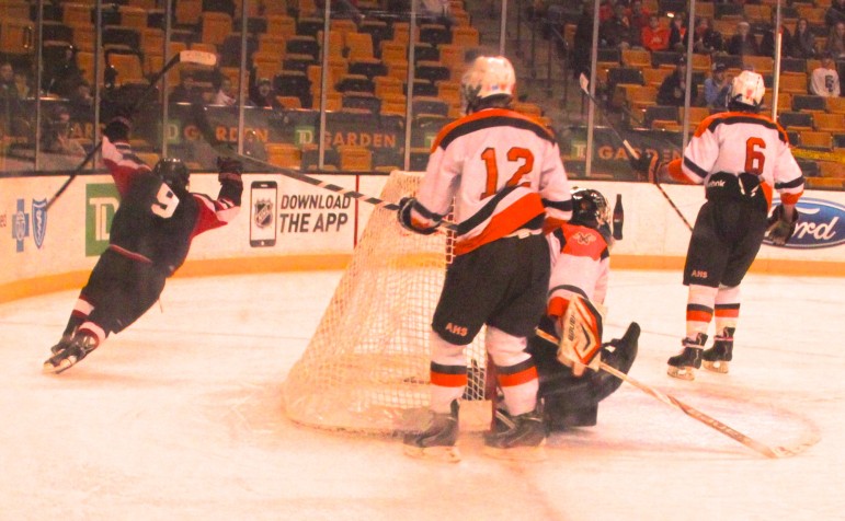 Watertown junior forward Tyler Gardiner celebrates scoring his second goal of against Agawam in the state final.