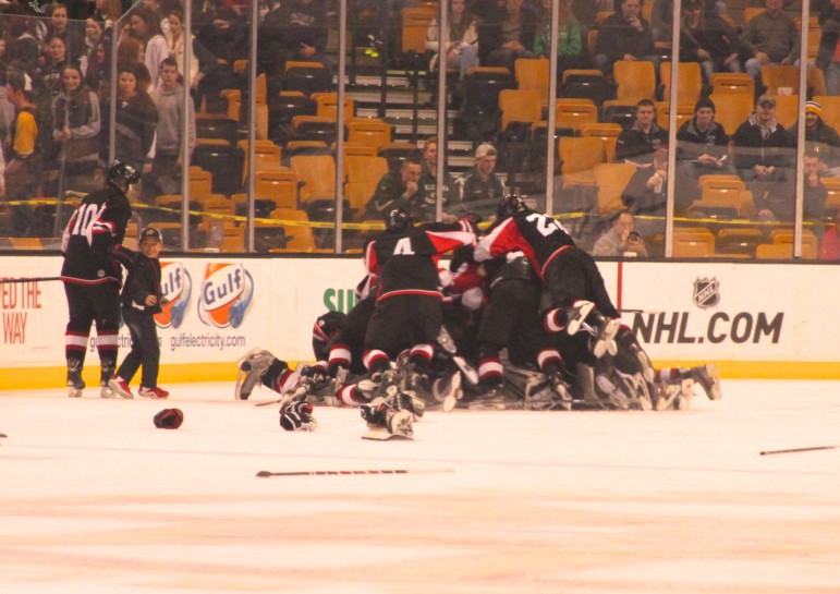 The 2015 Div. 3 boys' hockey state champions, Watertown, celebrate on the ice of the TD Garden after beating Agawam 2-1.