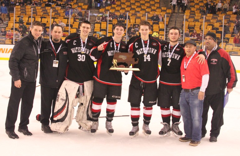 The captains and coaching staff of the state champion Watertown boys' hockey team. Captains (from left) Anthony Busconi, Brendan Berkeley, Nick Giordano and Austin Farry. Head coach Mike Hayes is second from left.