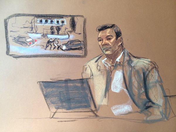 A court drawing of Laurel Street resident James Floyd watching video of the shootout.