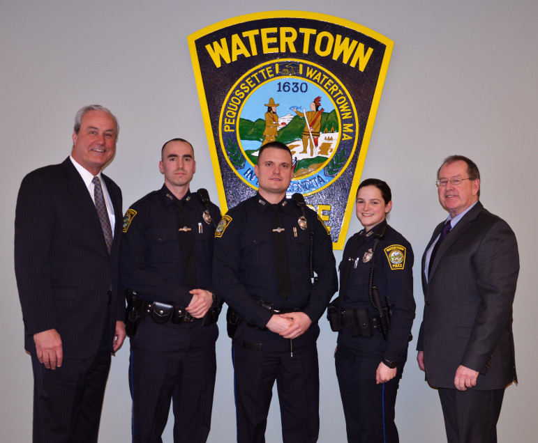 Chief of Police Edward Deveau (left) welcomed new Watertown Police Officers Christopher Murgo, Michael Hill, Kerilyn Amedio along with Town Manager Michael Driscoll.
