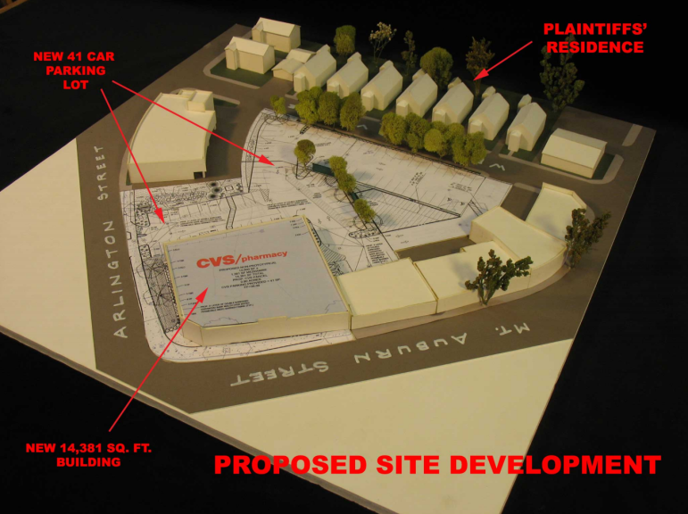 A model of what the CVS would look like in Coolidge Square submitted as evidence in resident David Peckar's Land Court appeal.
