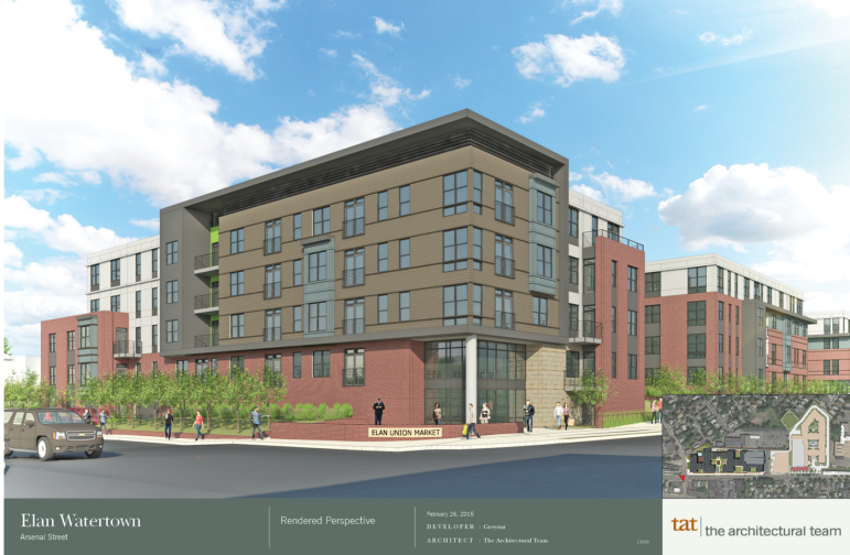 An artist's rendering of what the Elan project by Greystar will look like at the corner of Irving and Arsenal streets, including the two-story glass entryway.