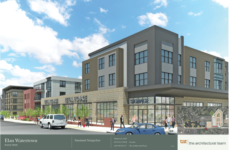 A view of the proposed project at the corner of Irving and Arsenal streets. Retail space will be on the bottom of the east end of the project below apartments.