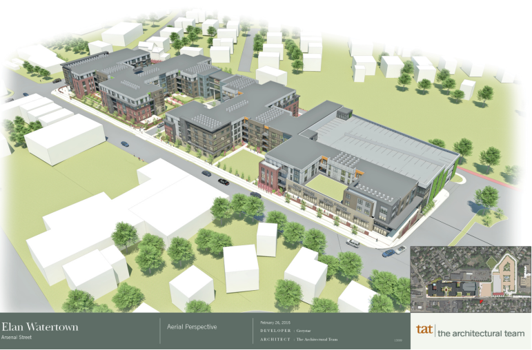 An overhead rendering of what the Elan Watertown project will look like, with Arsenal Street in front, the driveway on the near side and Irving Street on the far side. Toyota of Watertown occupies the biggest building across the street. The green space in back is where Extra Innings Baseball facility sits.