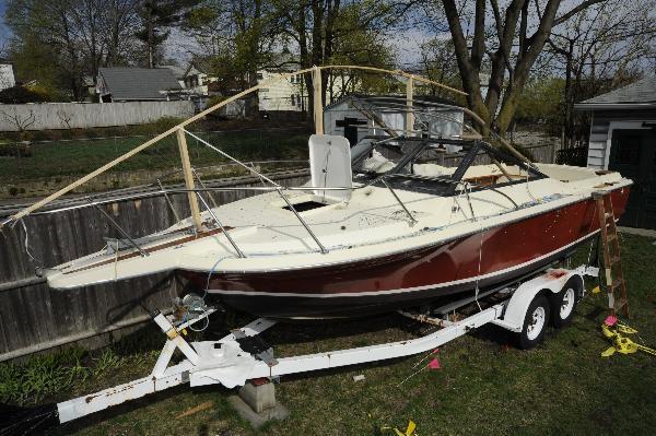 An evidence photo of Dave Henneberry's boat parked on Franklin Street, where Marathon Bombing suspect Dzhokhar Tsarnaev was found.