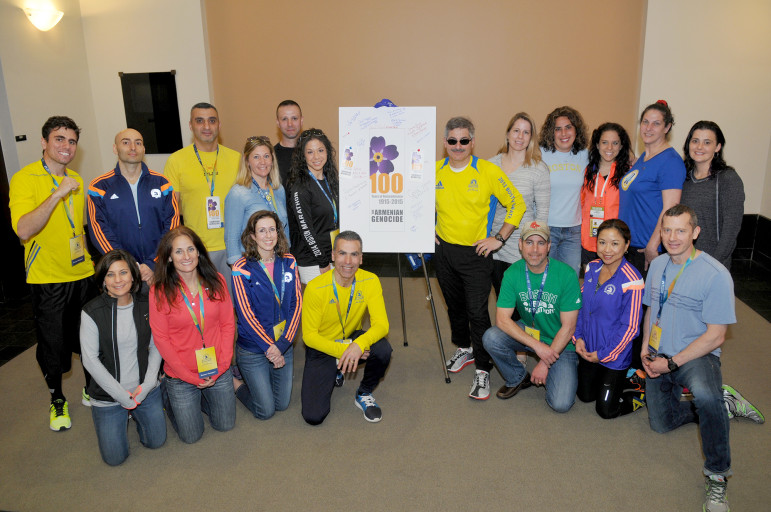 A group of 20 runners honored the 100th anniversary of the Aremanian Genocide by running the Boston Marathon, including Laurie Nahigian of Watertown, front row, far left. 