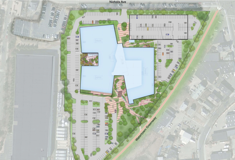 An overhead view of Linx, which would replace the Verizon facility. A back entrance onto Nichols Avenue (at the top of the picture) has some residents and the St. Stephen's School worried.