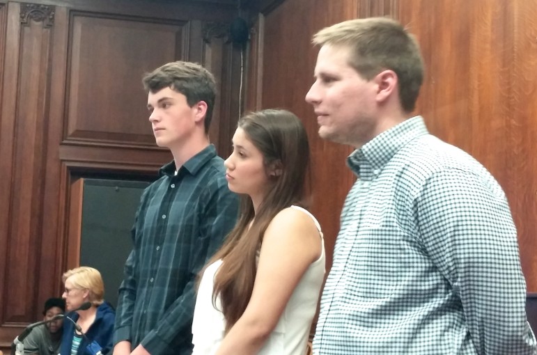 Members of the Watertown High School robotics team - the KwarQs - spoke to the School Committee. From left, junior Nate Ryan, junior Jaslyn Jobson and coach Nic Smits.