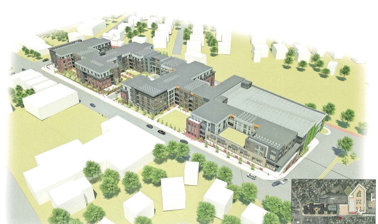An aerial rendering of Elan, with the retail and shared driveway in the front corner. Arsenal Street runs along the front.