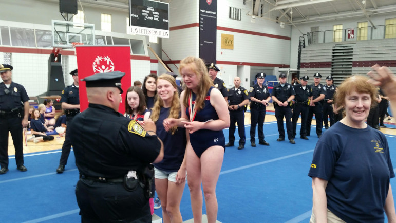 Watertown Police officers handed out medals to the Special Olympics athletes.