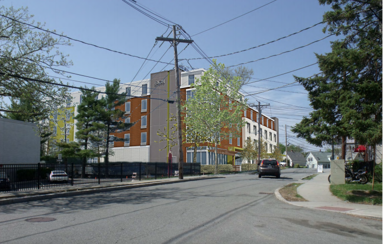 A view of the five-story hotel proposed to go at 80 Elm Street. The view is from the corner of corner of Arsenal and Elm streets with the corner of Target in the right foreground.