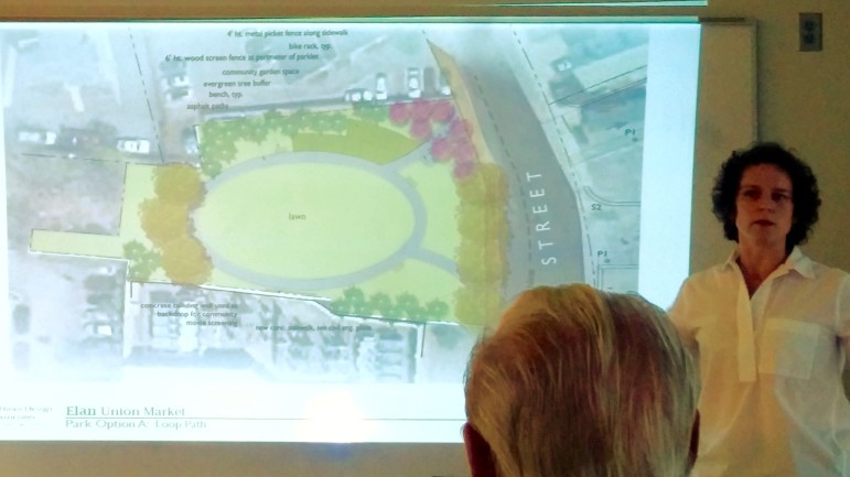 Landscape architect Katya Podsiadlo shows a possible layout for the new park being built by the developers of the Elan apartment complex.