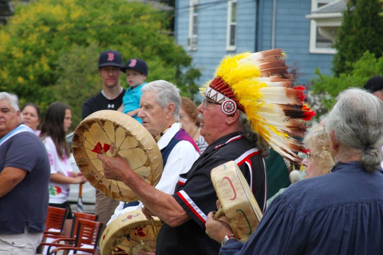 Members of the Mi'qmak Indian tribe sing and play drums during the reenactment of the signing of the Treaty of Watertown - the first foreign treaty signed by the United States.