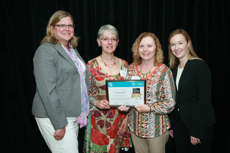 Accepting the Quality Achievement Award for Stroke Care is Lea Susan Ojamaa, Director of the Division of Prevention and Wellness at the Department of Public Health, Nancy Couts, Director of Rehabilitation Services at Mount Auburn Hospital, Watertown's Marie McCune, RN Stroke Nurse Coordinator at Mount Auburn Hospital and Lisa Bemben, Senior Director of Quality & Systems Improvement at the American Heart Association and American Stroke Association.