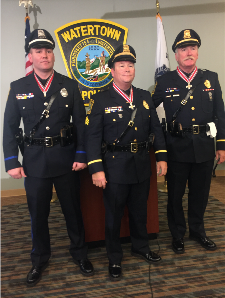 The officers who faced the Boston Marathon Bombing Suspect - Officer Joseph Reynolds (left), Sgt. John MacLellan and Sgt. Jeffrey Pugliese - received the Congressional Badge of Bravery on Friday.