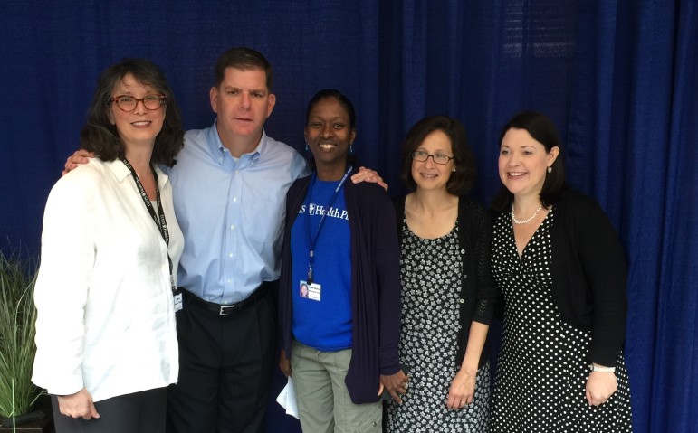 Boston Mayor Martin Walsh (second from left) was one of the speakers at the conference on Alzheimer's hosted by the Multicultural Coalition on at Tufts Health Plan in Watertown. Also pictured are, left to right, Nora Moreno Cargie, Tufts Health Plan Foundation president; Anne Marie Boursiquot King, Tufts Health Plan Foundation managing director; Secretary Alice Bonner, Massachusetts Executive Officer of Elder Affairs; Emily Shea, City of Boston Elderly Affairs Commissioner. 
