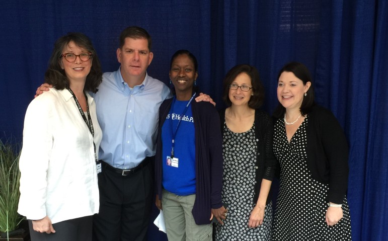 Boston Mayor Martin Walsh (second from left) was one of the speakers at the conference on Alzheimer's hosted by the Multicultural Coalition on at Tufts Health Plan in Watertown. Also pictured are, left to right, Nora Moreno Cargie, Tufts Health Plan Foundation president; Anne Marie Boursiquot King, Tufts Health Plan Foundation managing director; Secretary Alice Bonner, Massachusetts Executive Officer of Elder Affairs; Emily Shea, City of Boston Elderly Affairs Commissioner.