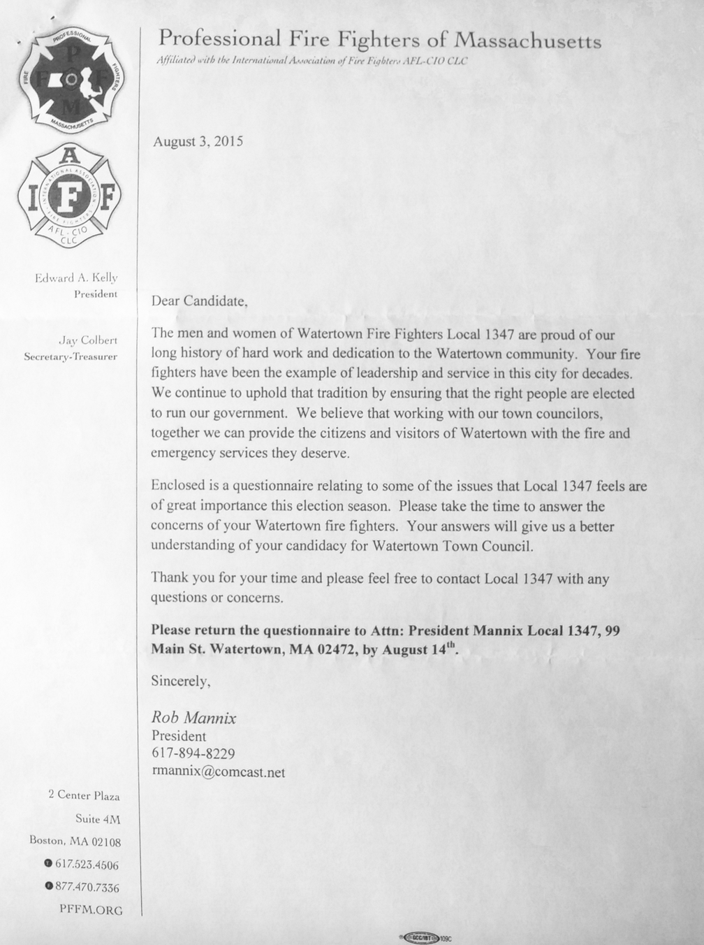 Fire Union Questionnaire Letter
