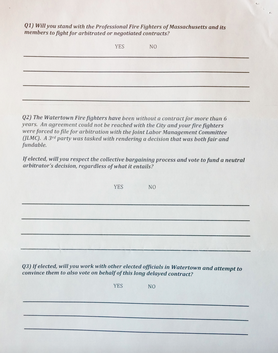 Fire Union Questionnaire 1