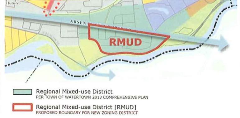 The Regional Mixed-Use District proposal is outlined in red, with the blue-green area showing the section proposed for rezoning in the Watertown Comprehensive Plan.