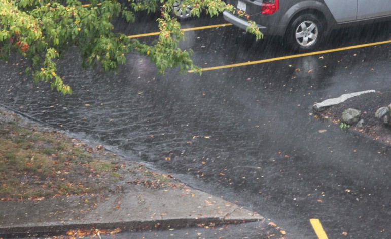 Water streams down a driveway during a period of heavy rain Wednesday afternoon.