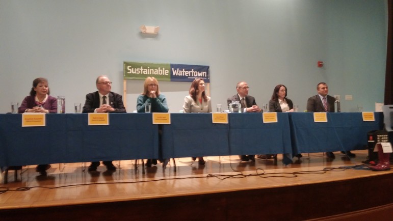 Candidates for District Councilor appeared at Sustainable Watertown's Candidate Forum. From left, Angeline Kounelis, Bob Erickson, Cecilia Lenk, Lisa Feltner, Vincent Piccirilli, Rossella Mercuri and Ken Woodland.
